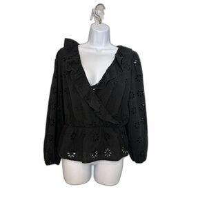 Ann Taylor Black Eyelet Ruffled Wrap Peplum Blouse Size Small